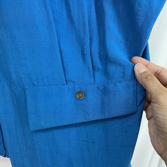 CHAR 100% SILK Jacket Size 8 / Large Vintage Open Front Cobalt Blue Should Pads - Picture 4 of 10